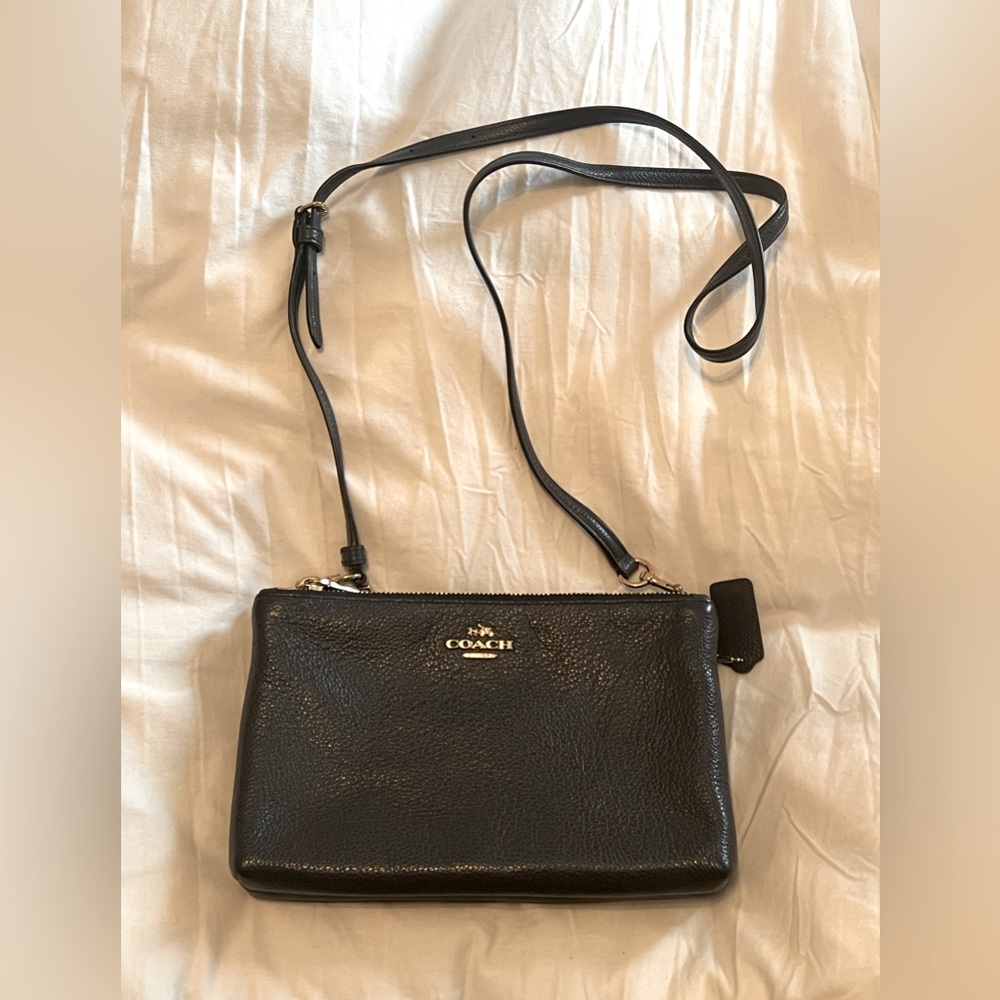 Authentic Coach dark navy leather clutch crossbody with 2 zipper compartments